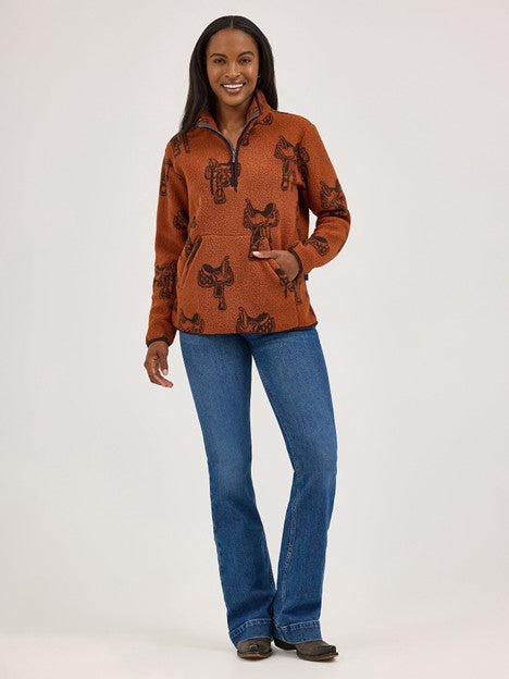 Wrangler Women's Horse Brown Quarter Zip Sherpa Pullover