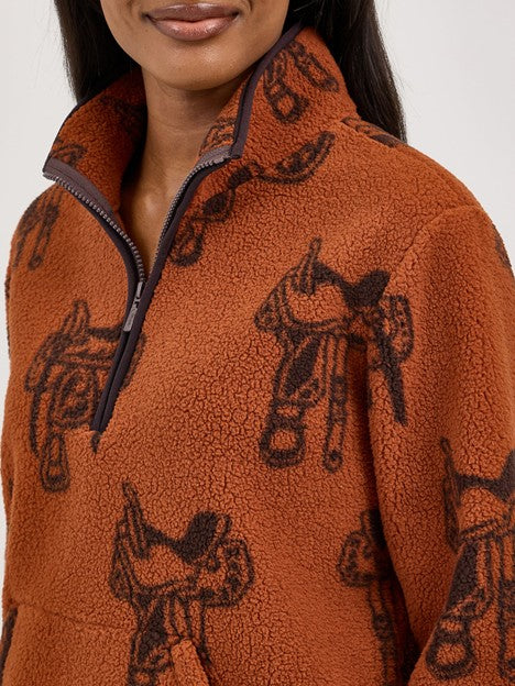 Wrangler Women's Horse Brown Quarter Zip Sherpa Pullover