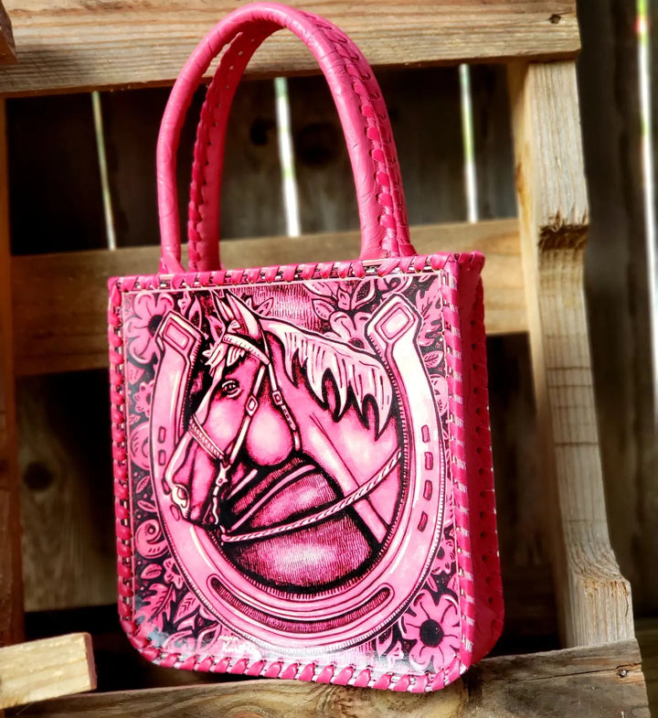 KurtMen Pink Horse Head Tooled Petite Traveler Tote