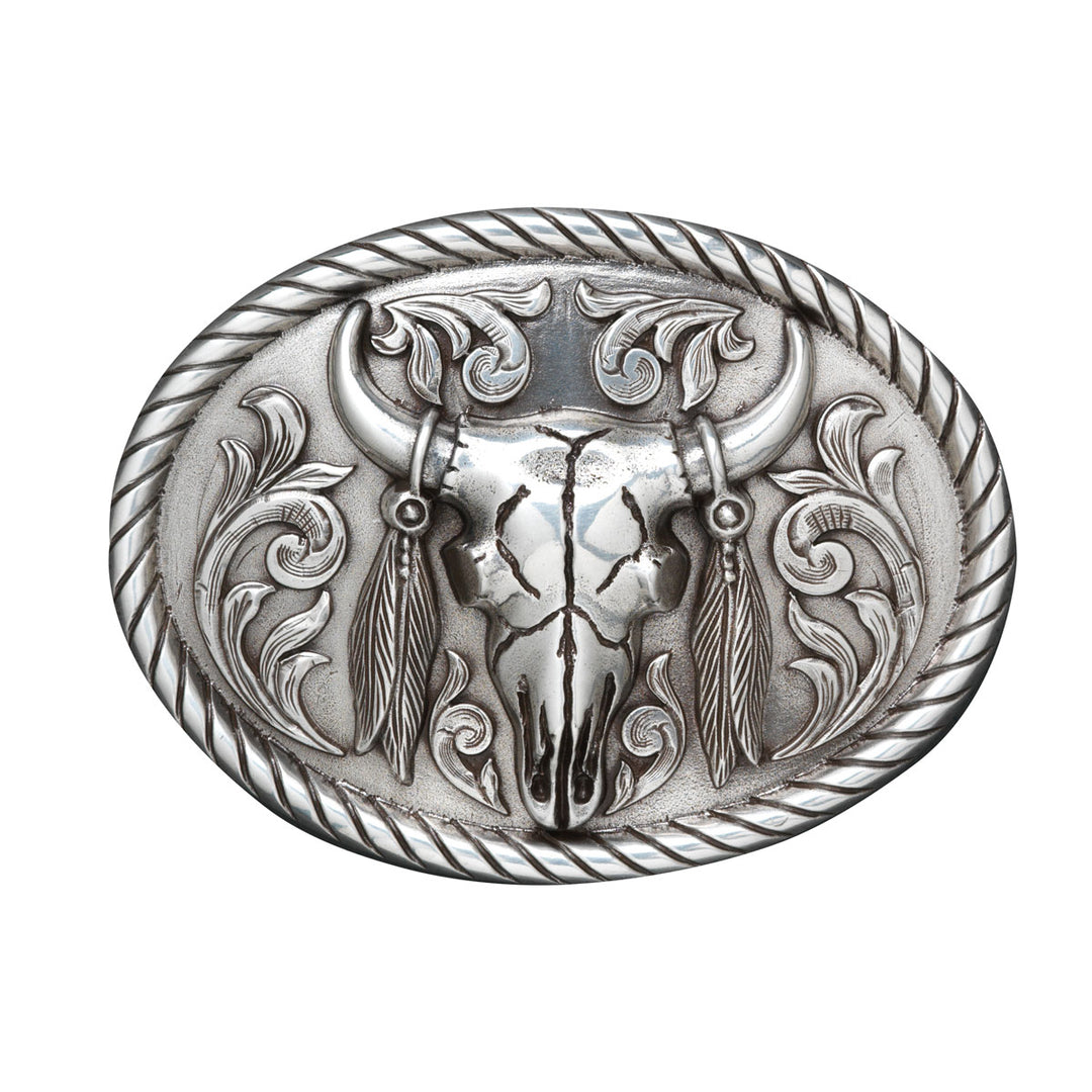 Nocona Rope Edged Skull with Feathers Belt Buckle