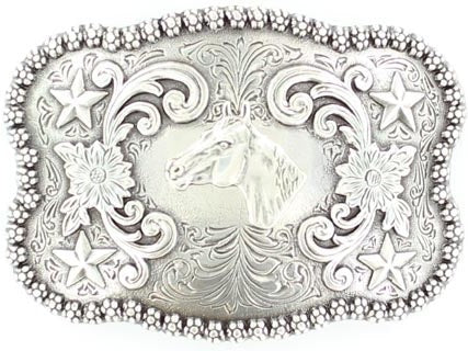 Nocona Silver Rectangle Horse Head Belt Buckle