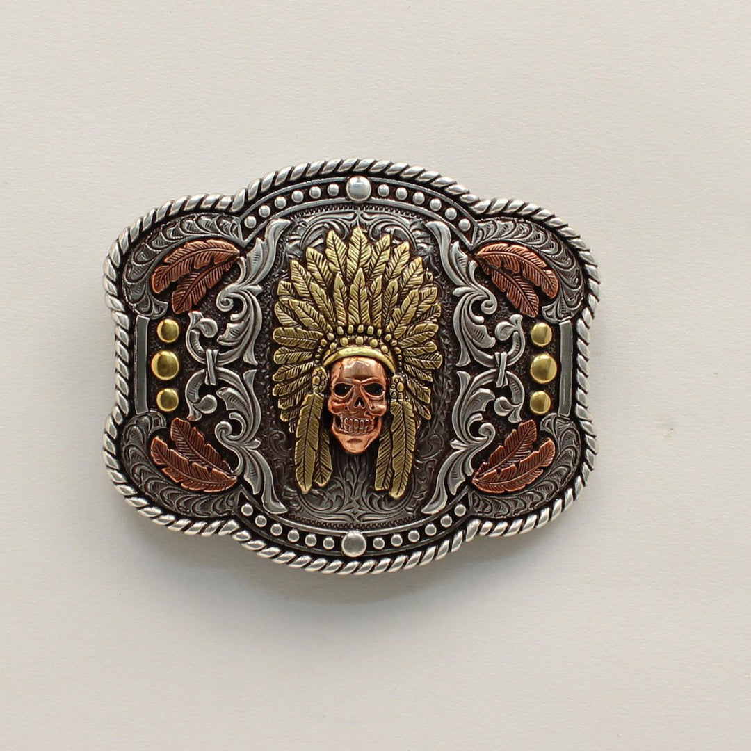 Nocona Rectangle Feather Skull Chief Belt Buckle