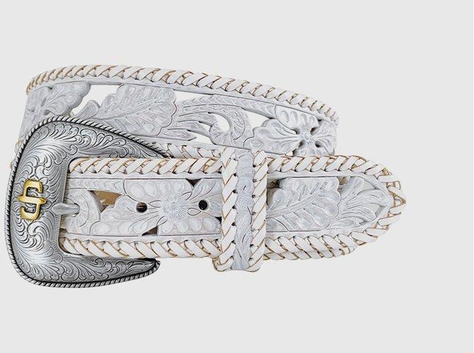 White Floral Buckle Belt Taos Southwestern Antique Floral Engraved Buckle Genuine  main image 4