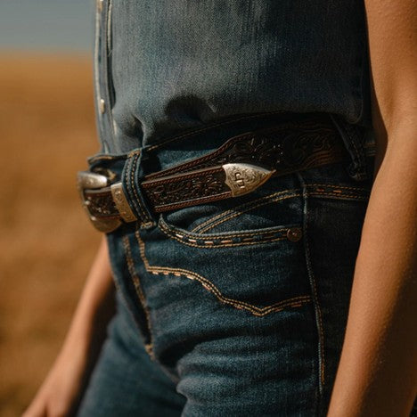 Stetson Brown Croco Print Tooled Tapered Belt