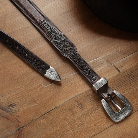 Stetson Brown Croco Print Tooled Tapered Belt