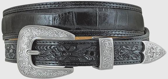 Stetson Black Croco Print Tooled Tapered Belt