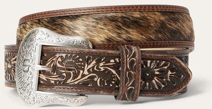 Stetson Hair On Hide Tooled Tab Belt