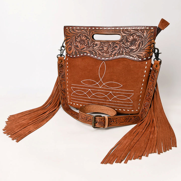 American Darling Light Brown Suede with Tooled Yoke Crossbody Bag