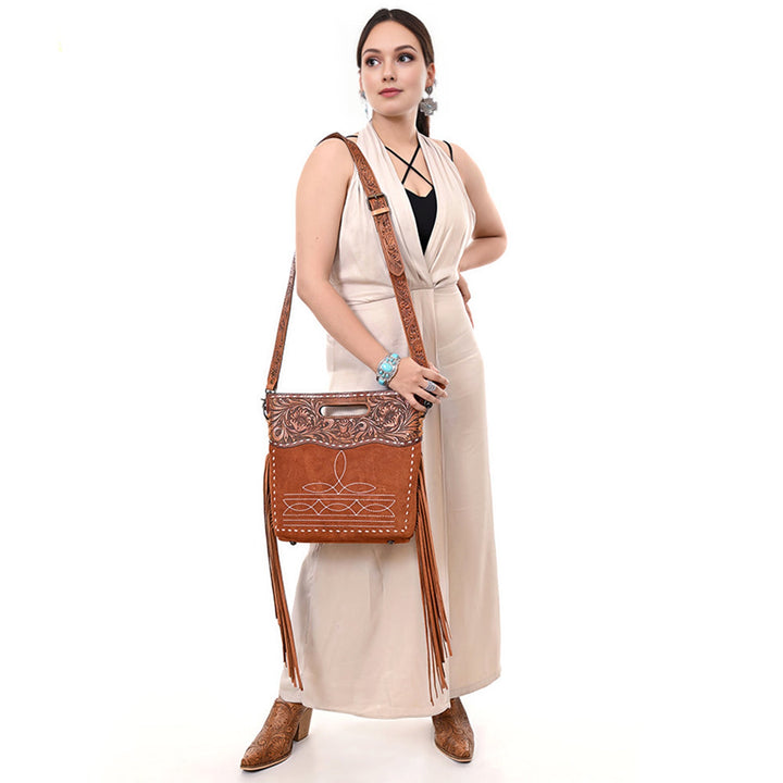 American Darling Light Brown Suede with Tooled Yoke Crossbody Bag