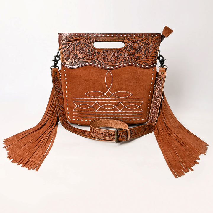 American Darling Light Brown Suede with Tooled Yoke Crossbody Bag