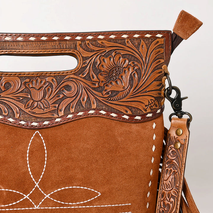 American Darling Light Brown Suede with Tooled Yoke Crossbody Bag