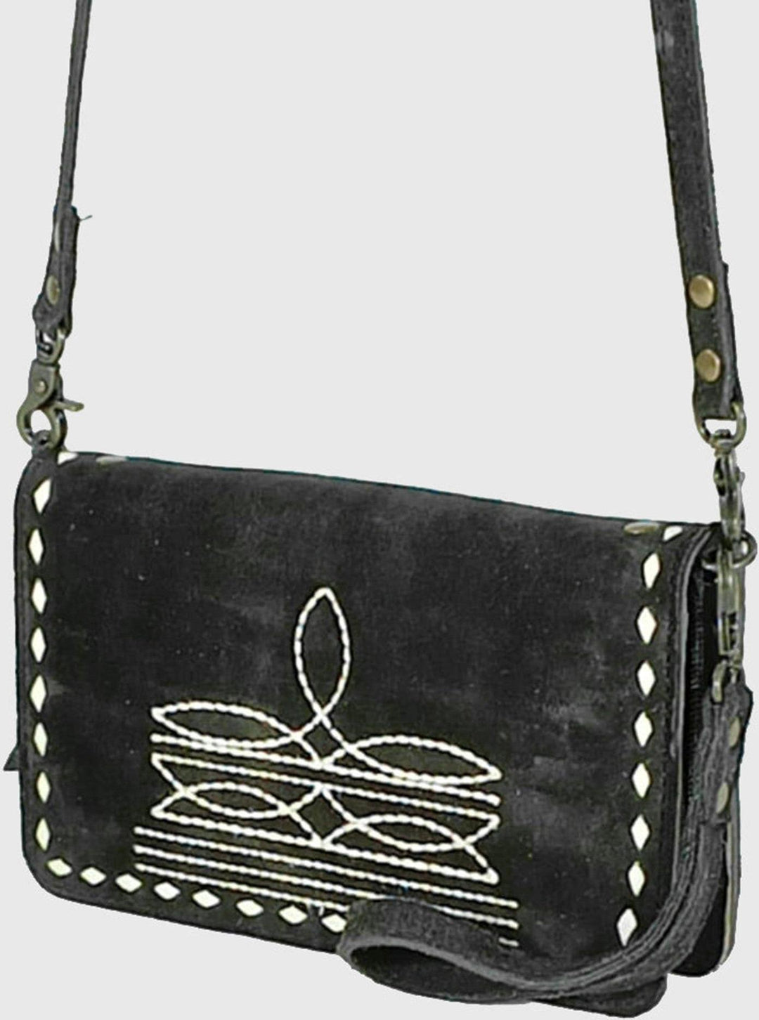 American Darling Black Boot Stitch Suede Crossbody Bag