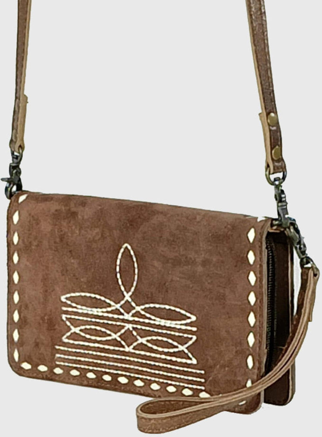 American Darling Brown Boot Stitch Suede Crossbody Bag