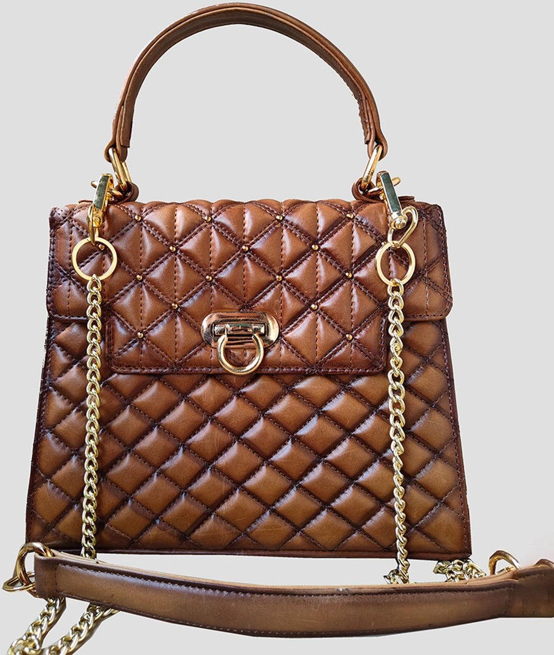 American Darling Brown Genuine Leather Quilted and Studded Bag