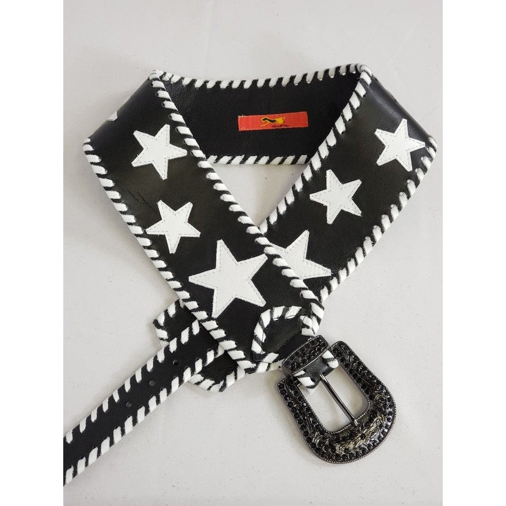 KurtMen Black with White Stars Wide Contoured Belt