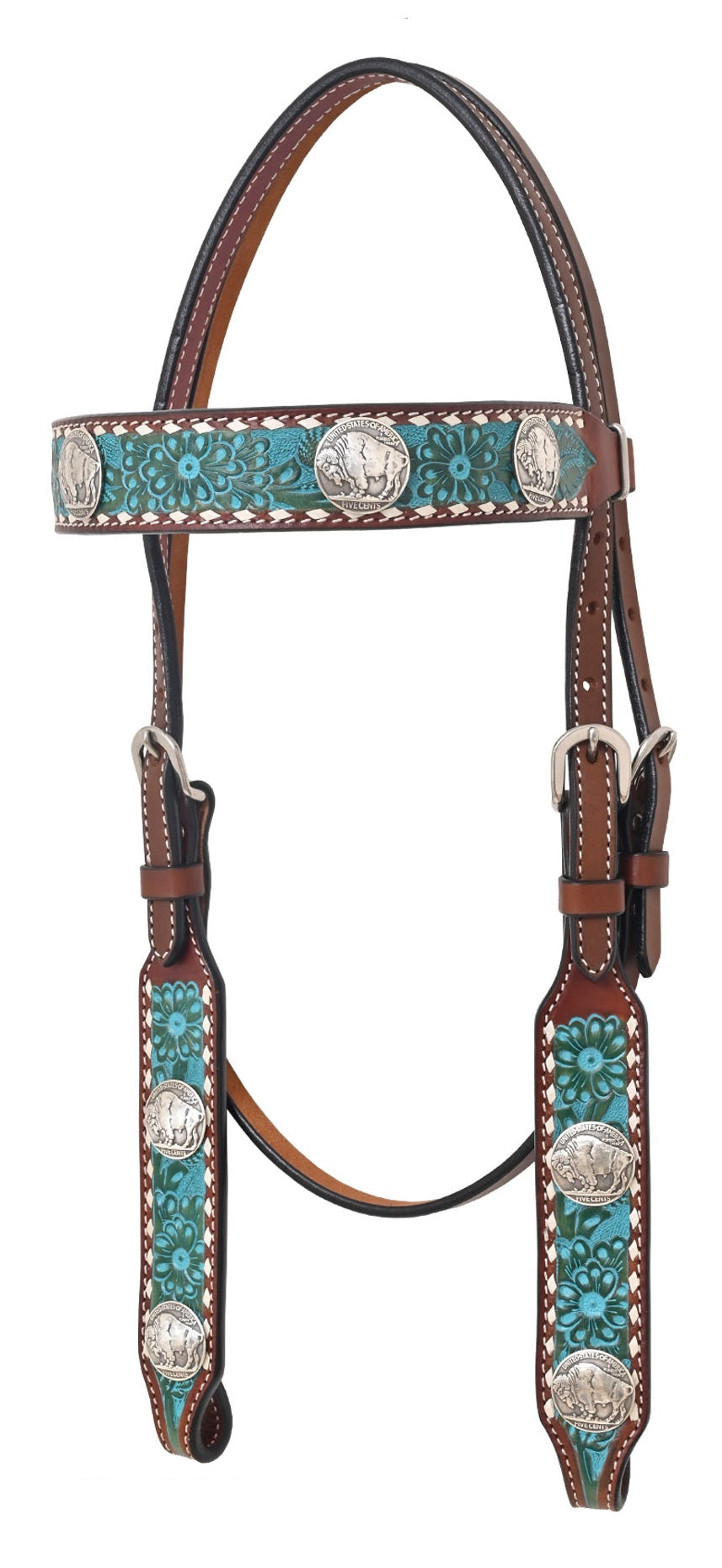 Rafter T Ranch Turquoise Buckstitched Buffalo Nickel Browband Headstall