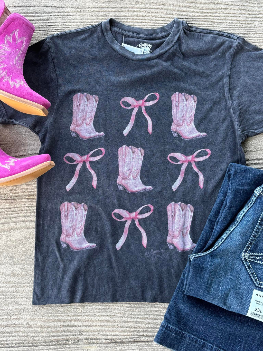 Bohemian Cowgirl Washed Black Boots and Bows Tee