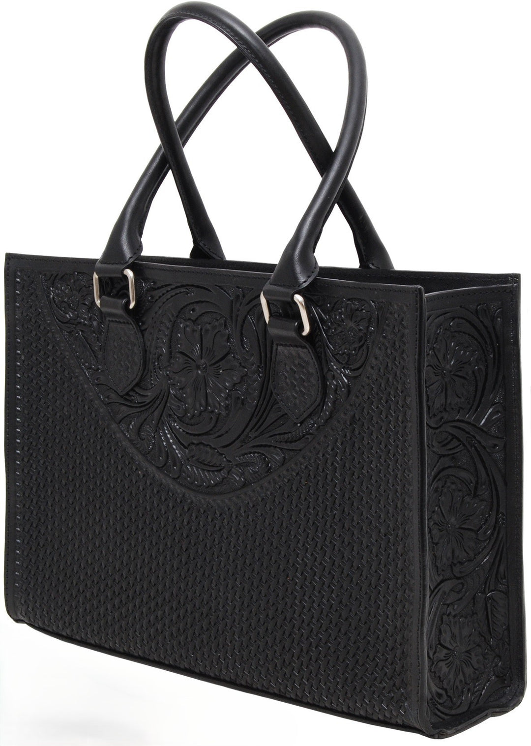 Rafter T Ranch Black Floral Tooled Tote Hand Bag