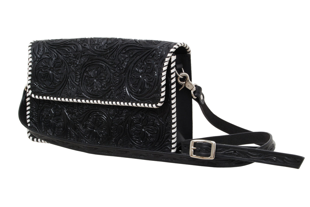 Rafter T Ranch Black Floral Tooled with White Whipstitch Crossbody Bag