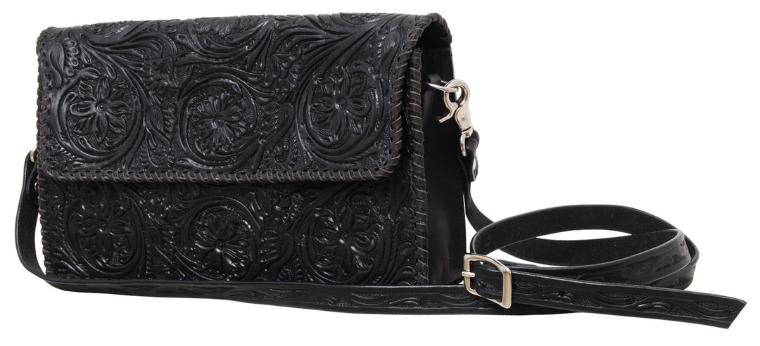 Rafter T Ranch Black Floral Tooled Crossbody Bag