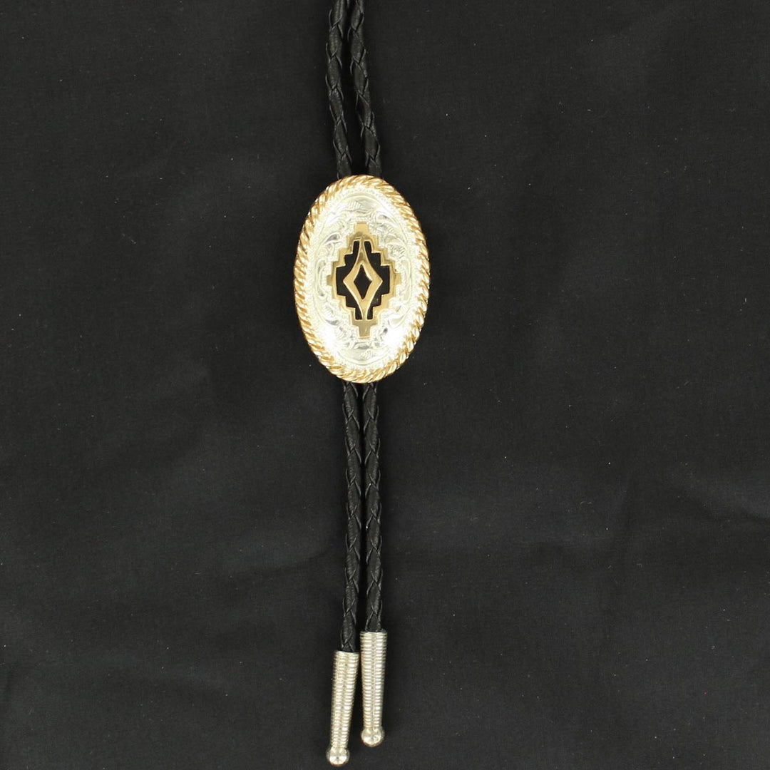 Crumrine Silver Oval Concho with Gold and Black Aztec Center Bolo Tie