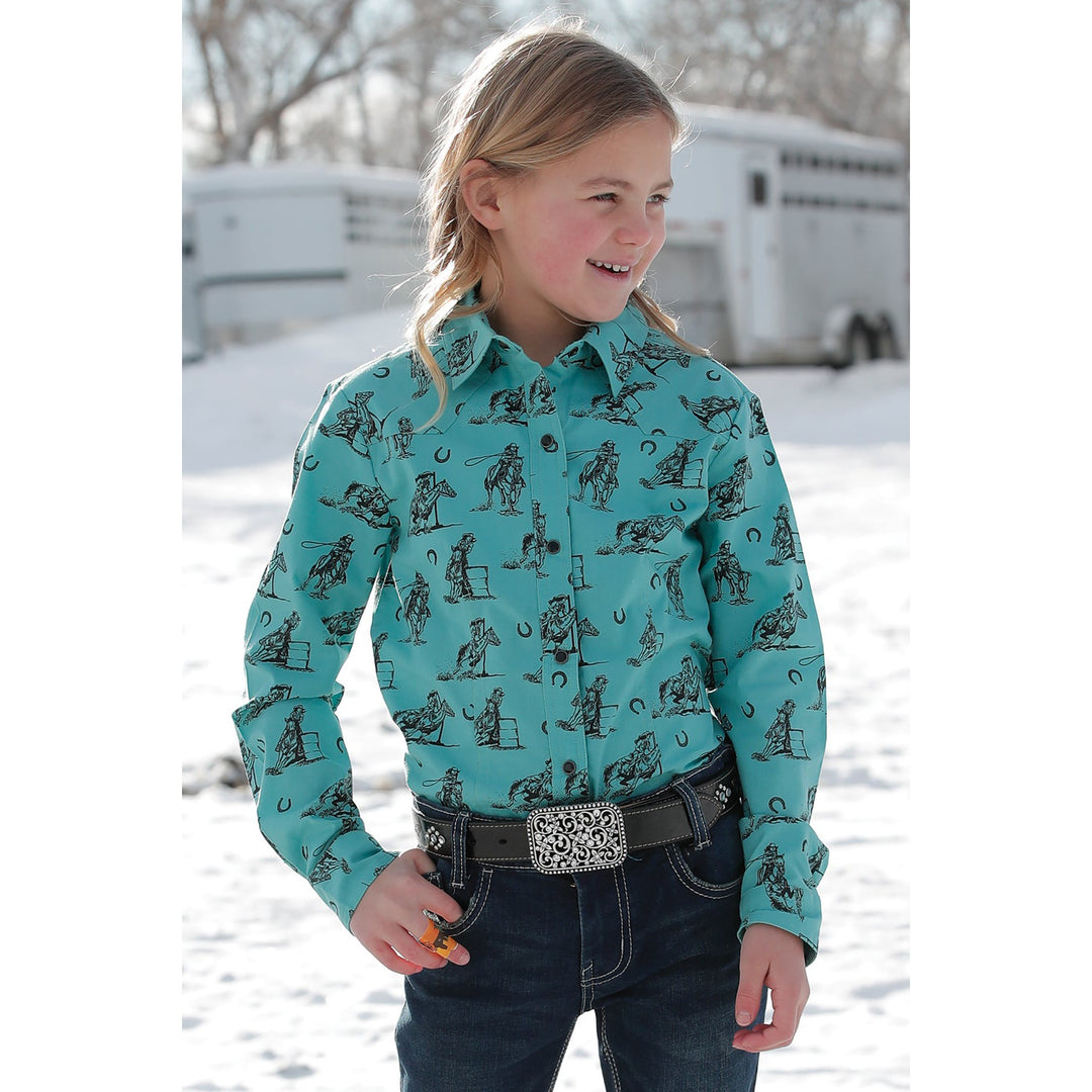 Cruel Girl's Turquoise Printed Western Snap Shirt