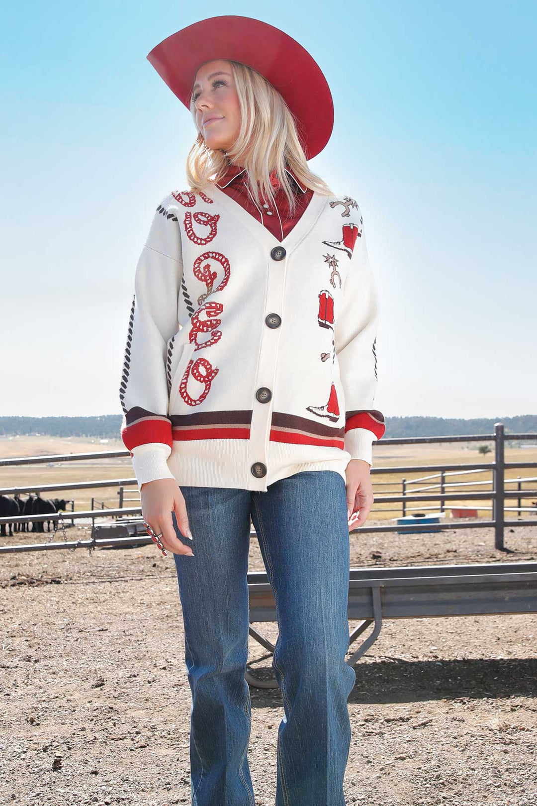 Cruel Women's Cream and Red Rodeo Cardigan