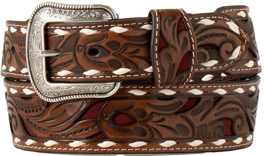 3D Belts Scrolling Fillagree Burgundy Underlaid Belt