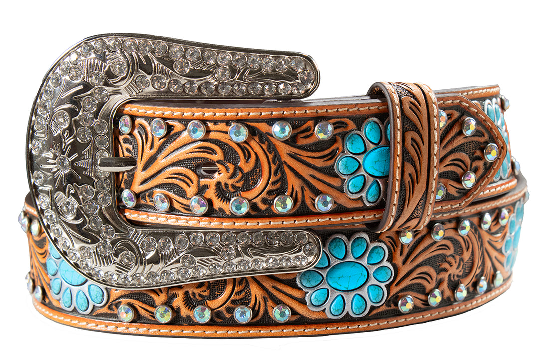Angel Ranch Women's Floral Embossed Tan Leather Belt