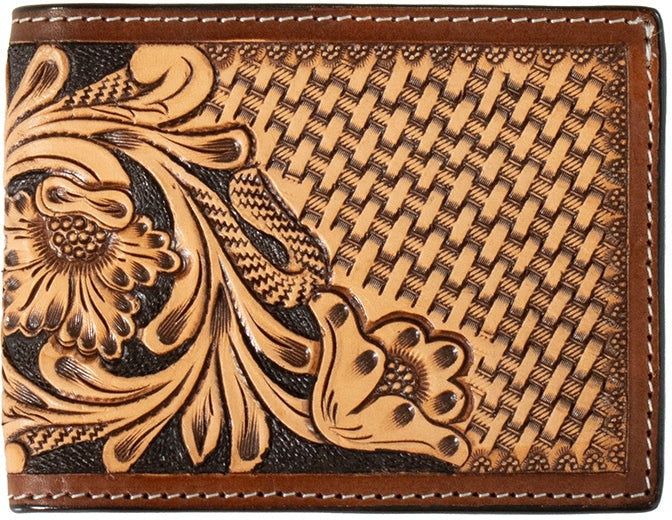 3D Belts Tan Floral and Basketweave Tooled Bifold Wallet