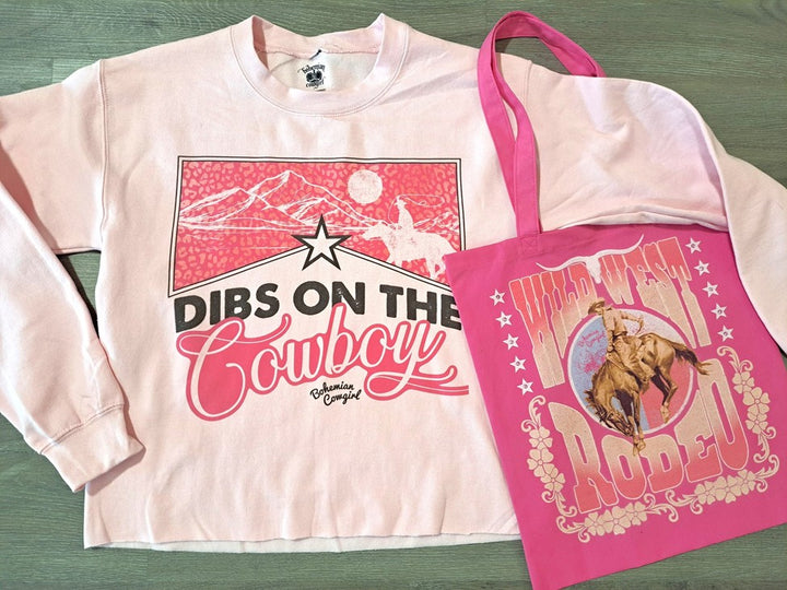 Bohemian Cowgirl Women's Pink Dibs on the Cowboy Cropped Sweatshirt