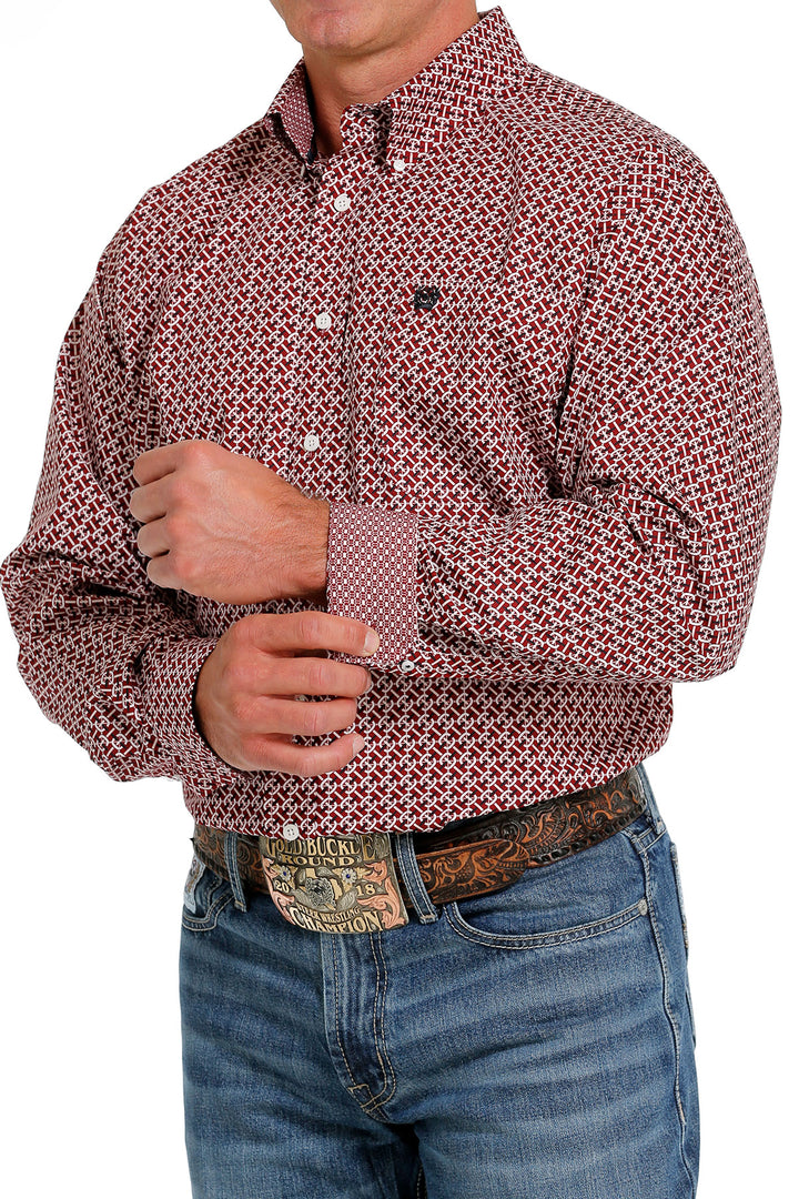 Cinch Men's Red and White Geometric Button Down Western Shirt