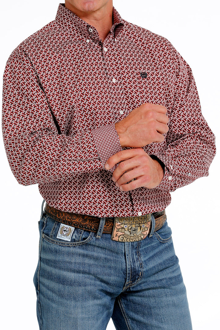 Cinch Men's Red and White Geometric Button Down Western Shirt