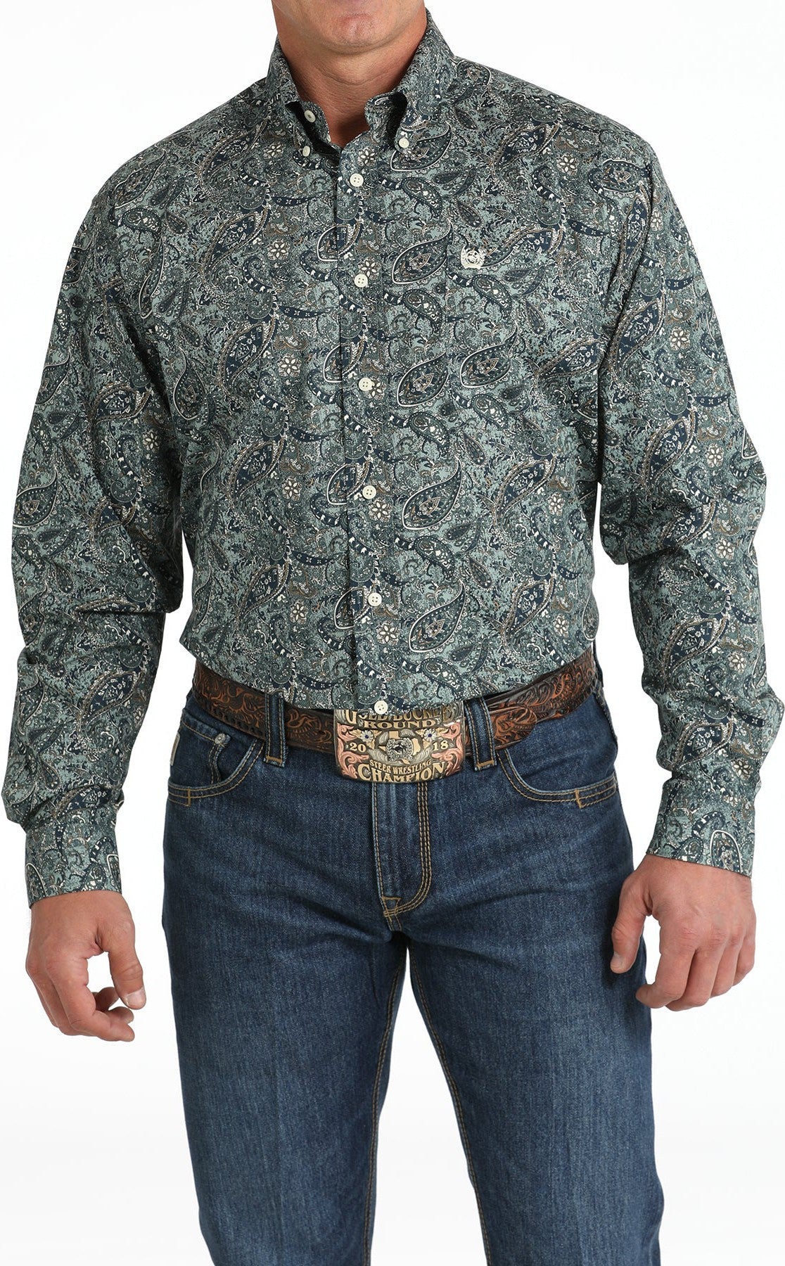 トップス TECH BUTTON DOWN L/S SHIRT PAISLEY Cinch Men's Turquoise/White Paisley Print Long Sleeve Button