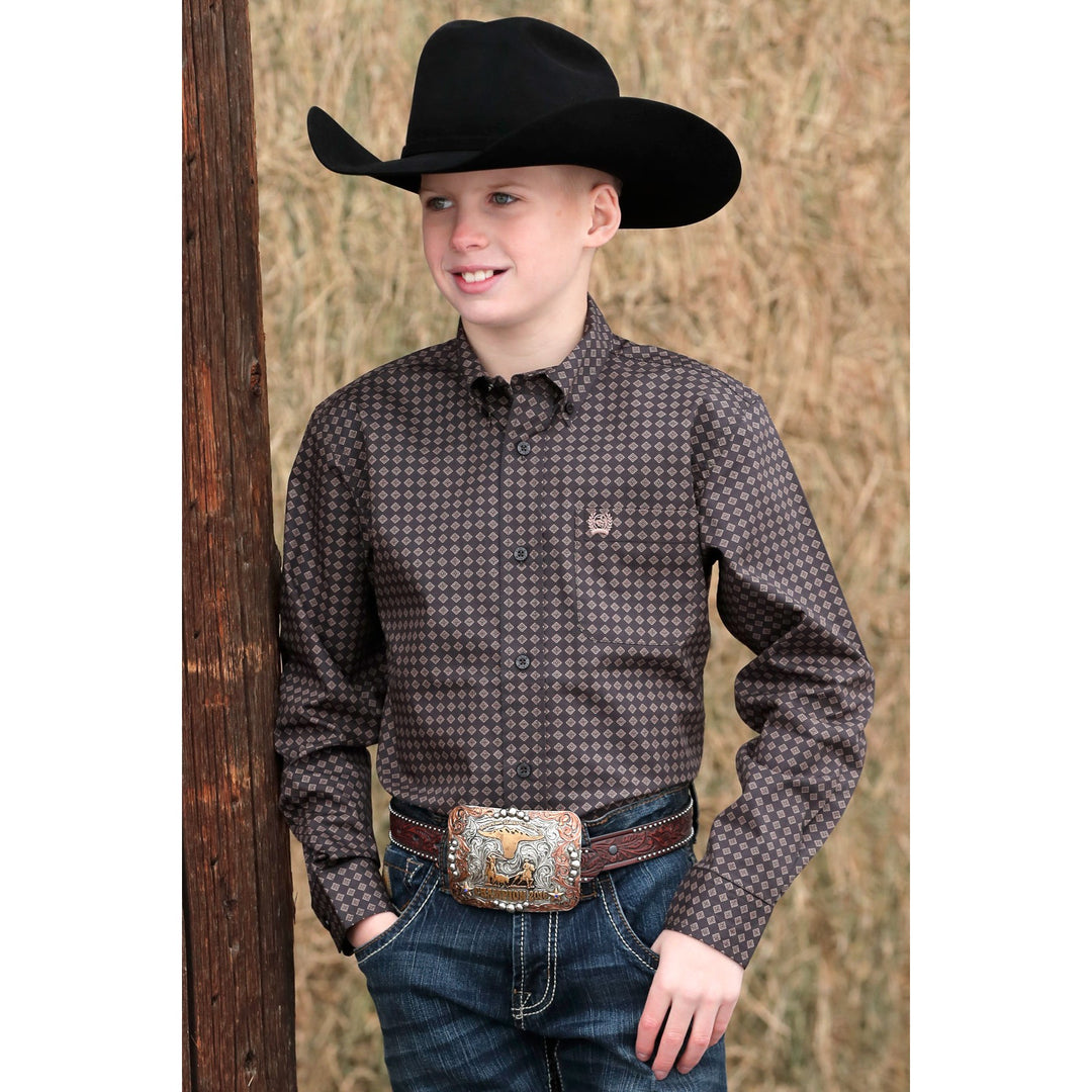 Cinch Boy's Brown Diamond Print Western Shirt