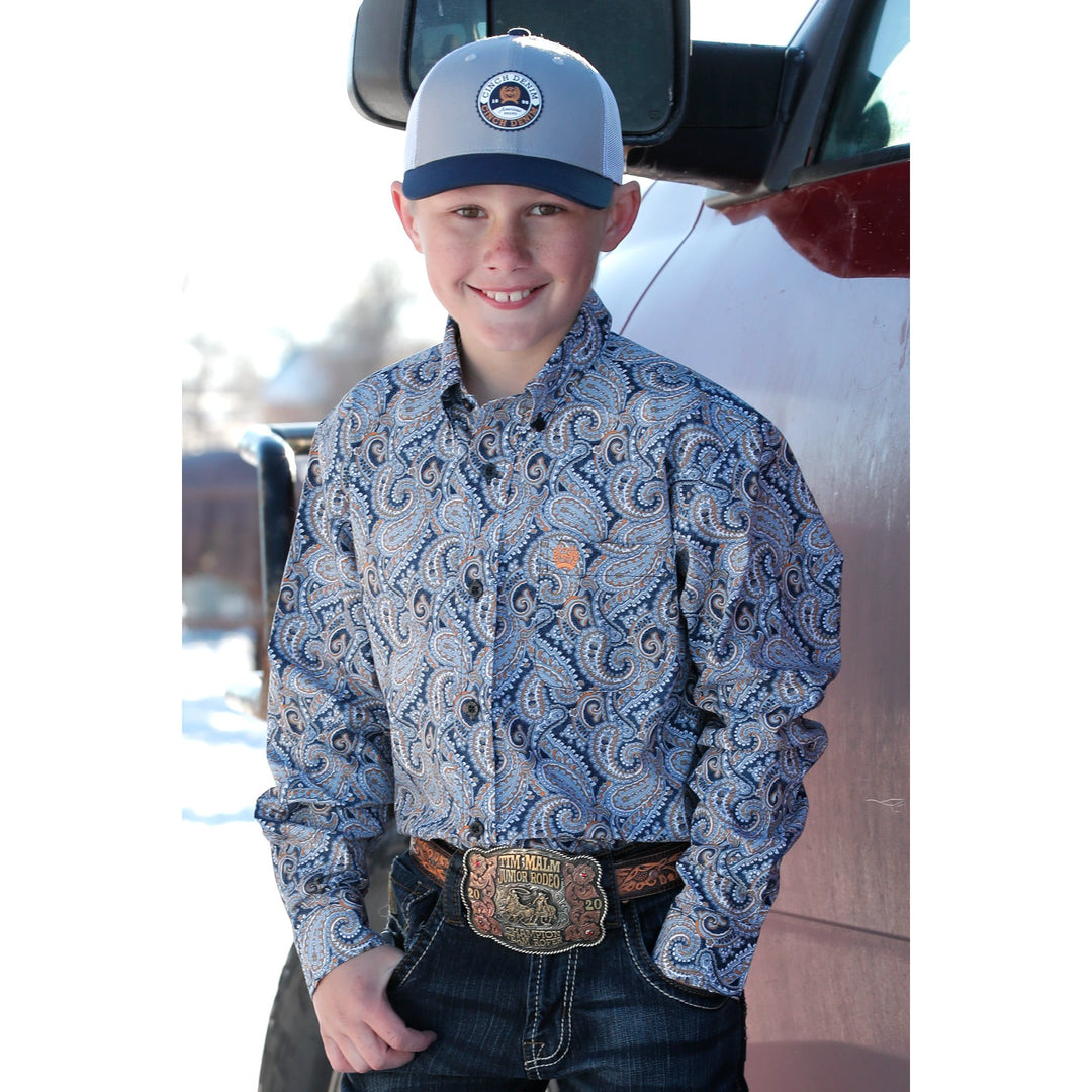 Cinch Boy's Grey and Blue Match Dad Paisley Western Shirt