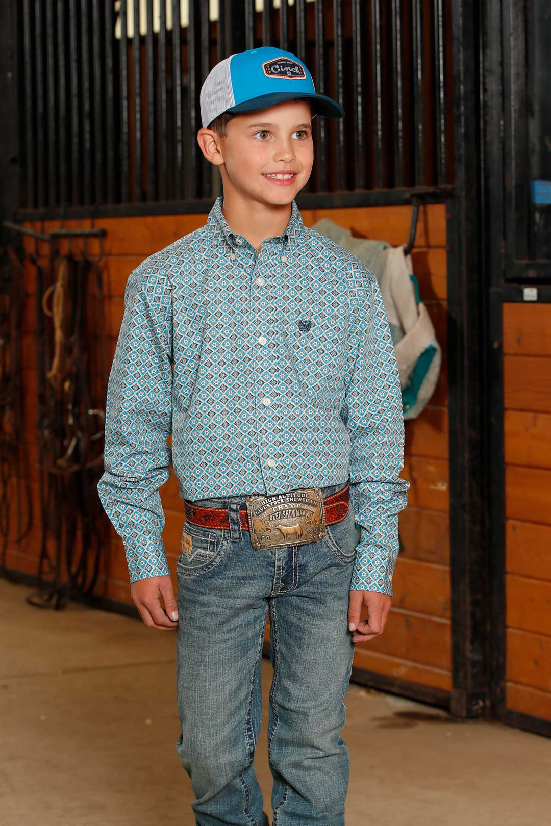 Cinch Kid's Blue Geometric Match Dad Button Down Shirt