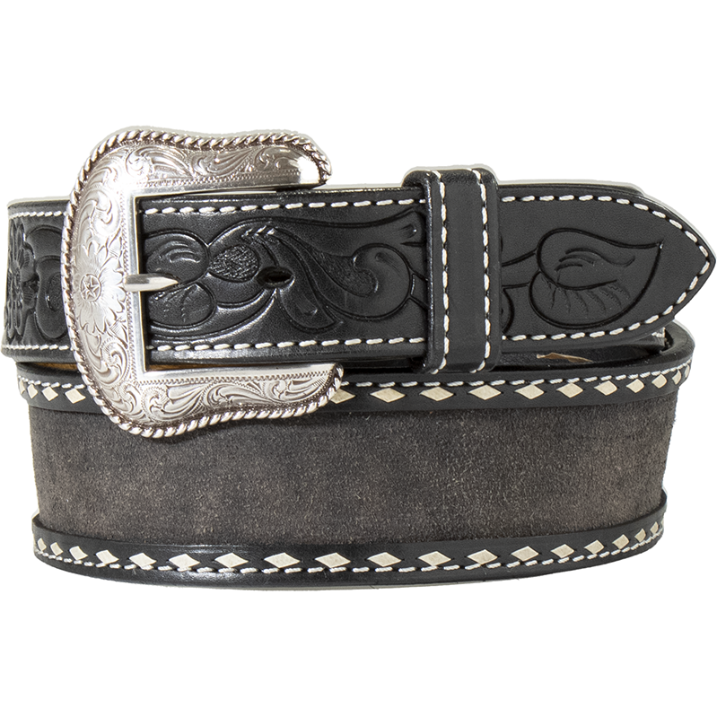 Nocona Black Roughout Leather with White Buckstitch Western Belt