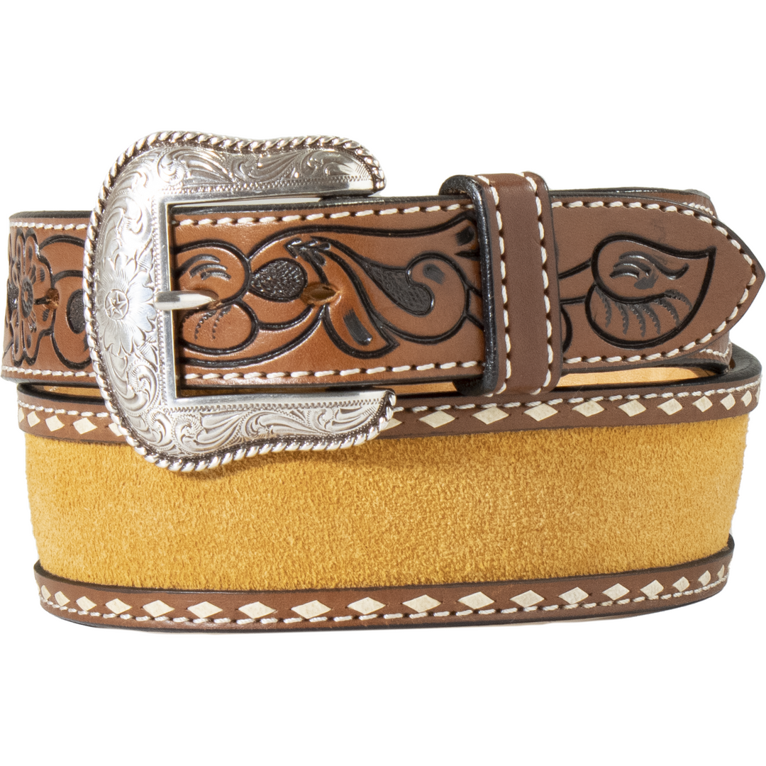 Nocona Brown Roughout Leather Belt with Floral Tabs