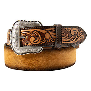 Nocona Tan Roughout Leather Belt with Hand Tooled Billets