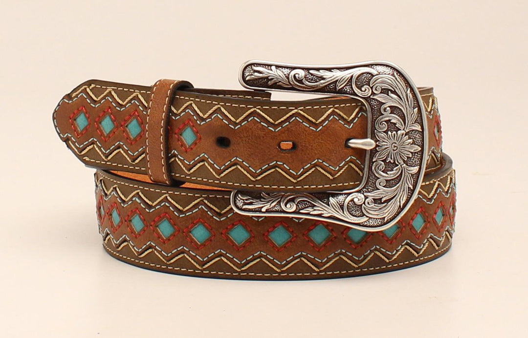 Ariat Women's Zig Zag Stitched Turquoise Inlaid Diamond Belt