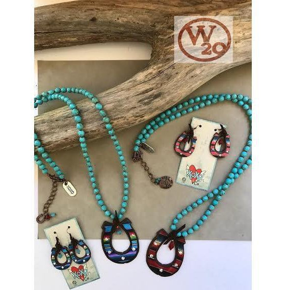 Turquoise Beaded Necklace with Serape Horseshoe Pendant - West 20 Saddle Co.