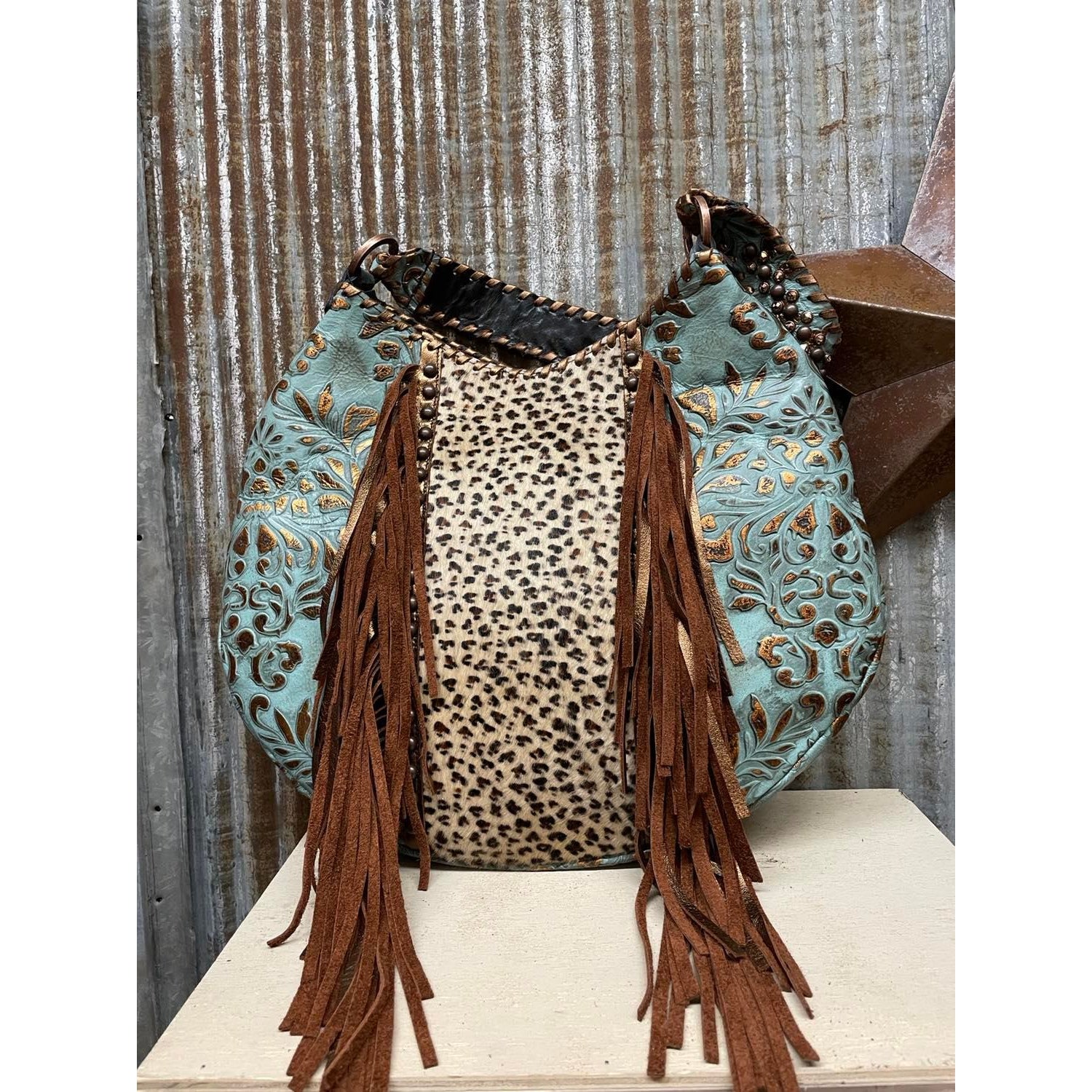 Kurtmen Turquoise and Cheetah Cookie Hand Bag