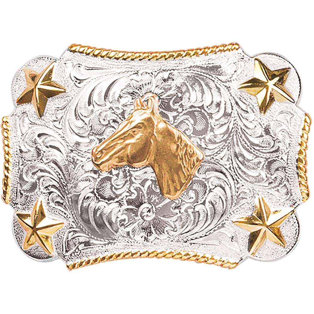 M&F Western Youth Silver and Gold Horse Head Belt Buckle