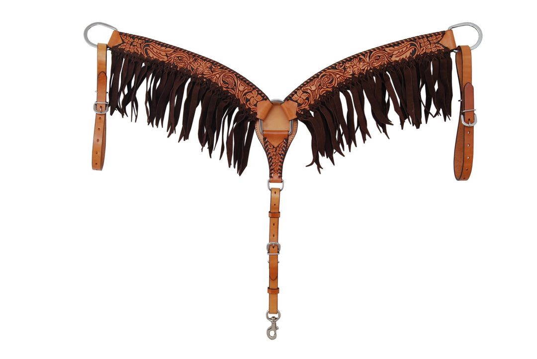 Rafter T Ranch Floral Tooled Breast Collar With Fringe