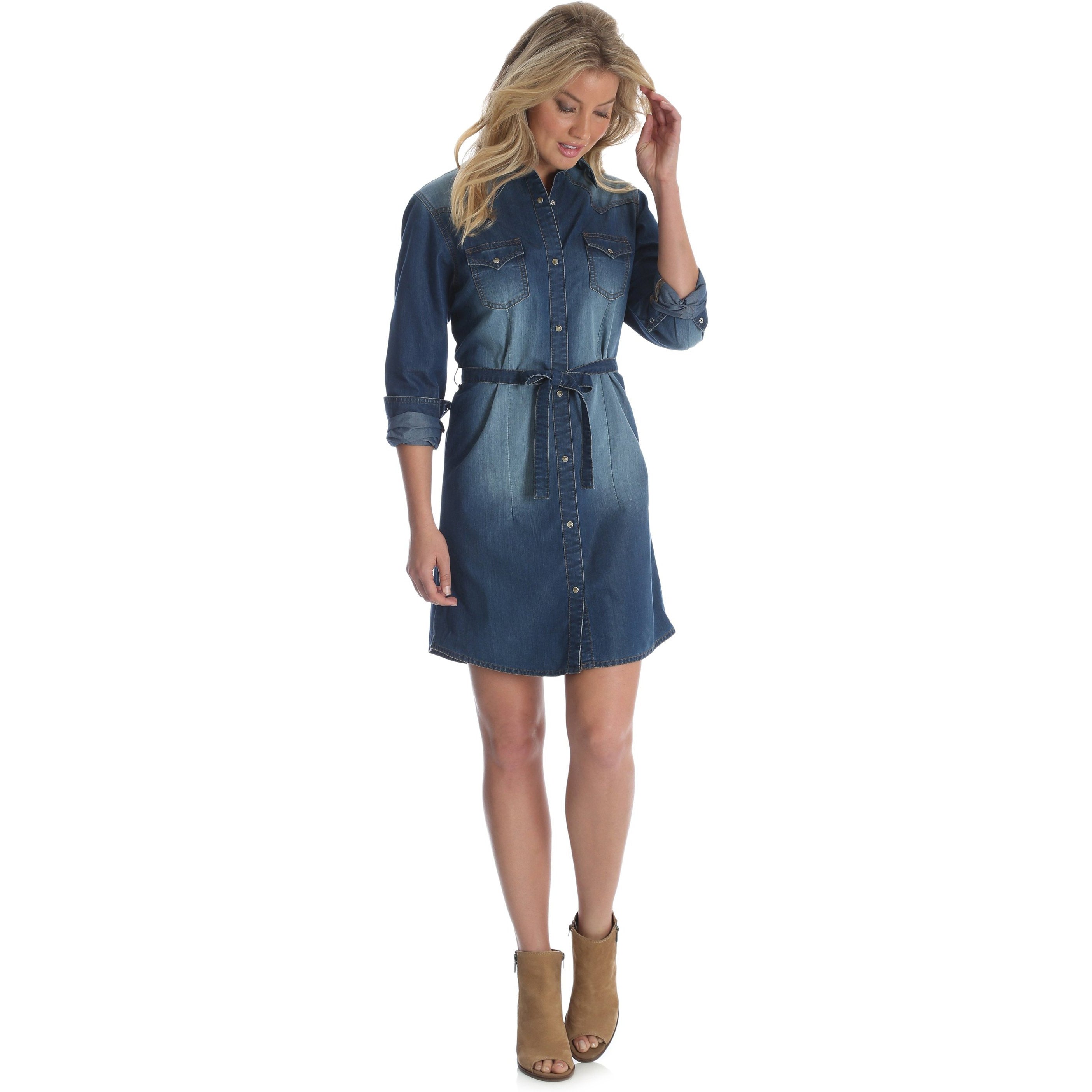Wrangler Embroidered Belted Denim Shirt Dress Wrangler Embroidered Belted Denim Shirt Dress