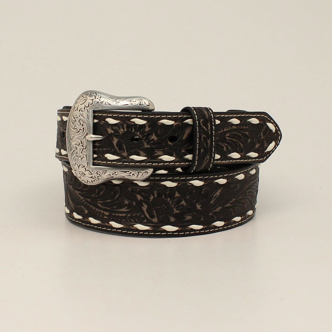 Nocona Distressed Black Leather Belt with White Buckstitch