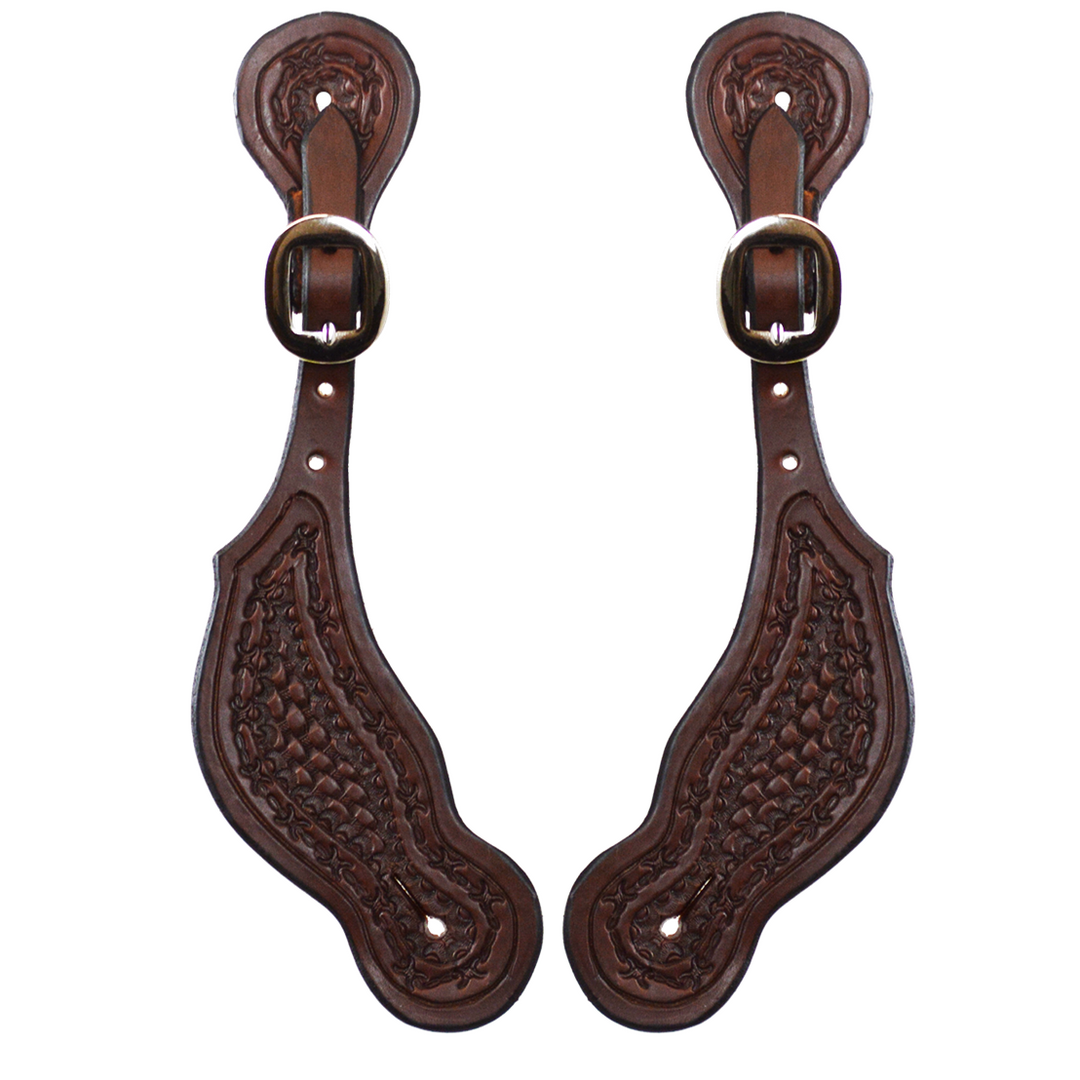 Men's Wide Oiled Basket Weave Spur Strap with Barbwire Border