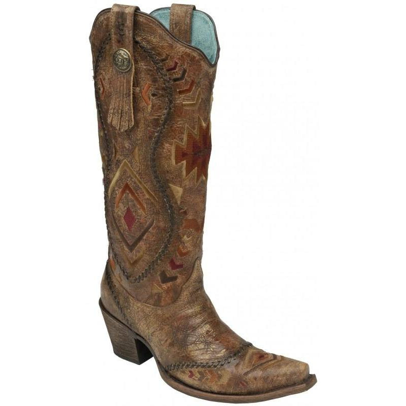 Corral Boots LD Cognac/ Multicolor Ethnic Pattern & Whip Stitch C2872 - West 20 Saddle Co.