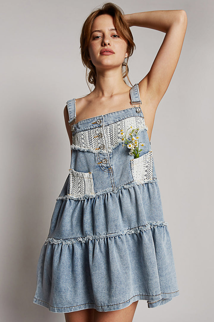 POL Denim and Crochet Suspender Skirt